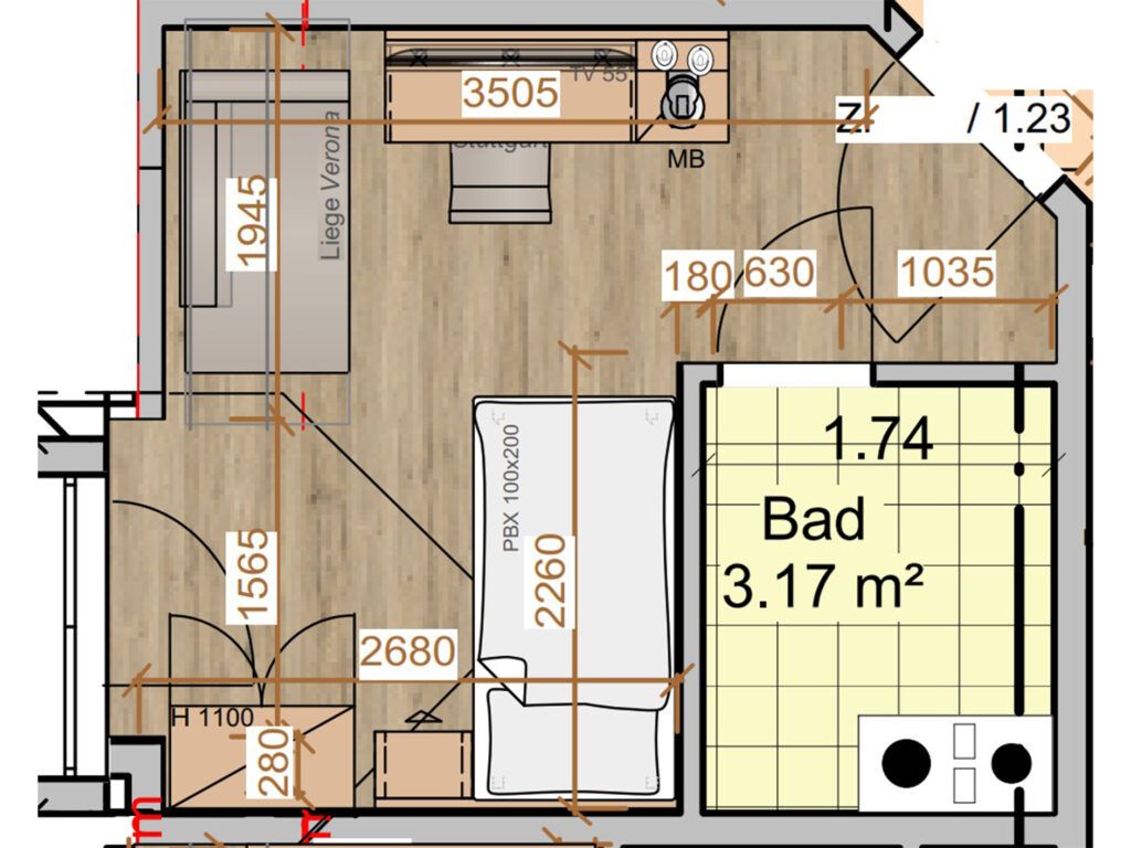 Grundriss eines Zimmers in den AS Hotels & Apartments in Bad Bevensen